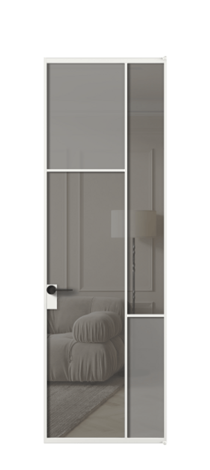 Межкомнатная дверь Mosaic АЛПЛ041.10 Алюминий белоснежный Сатинированное серое стекло, триплекс, 6 мм + Прозрачное серое стекло, триплекс Цена 164970 ₽ | Volhovec