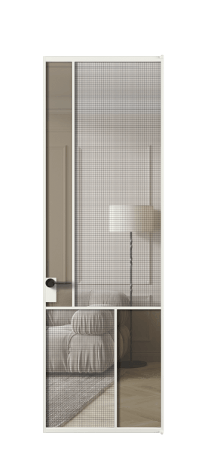 Межкомнатная дверь Mosaic АЛПЛ041.20 Алюминий светло-серый Декоративное стекло с сеткой "Mesh silver", триплекс, 6 мм + Прозрачное бронзовое стекло, триплекс Цена 170970 ₽ | Volhovec