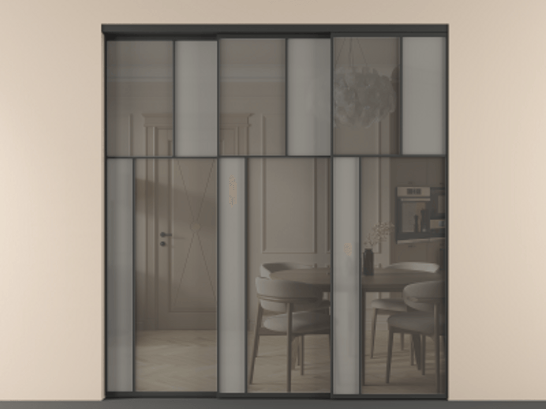 Перегородка Mosaic внутри проёма телескопик синхро 2 АЛПР 041.22 Алюминий Черный Сатинированное серое стекло, триплекс, 6 мм + Прозрачное серое стекло, триплекс Цена 402340 ₽ | Volhovec