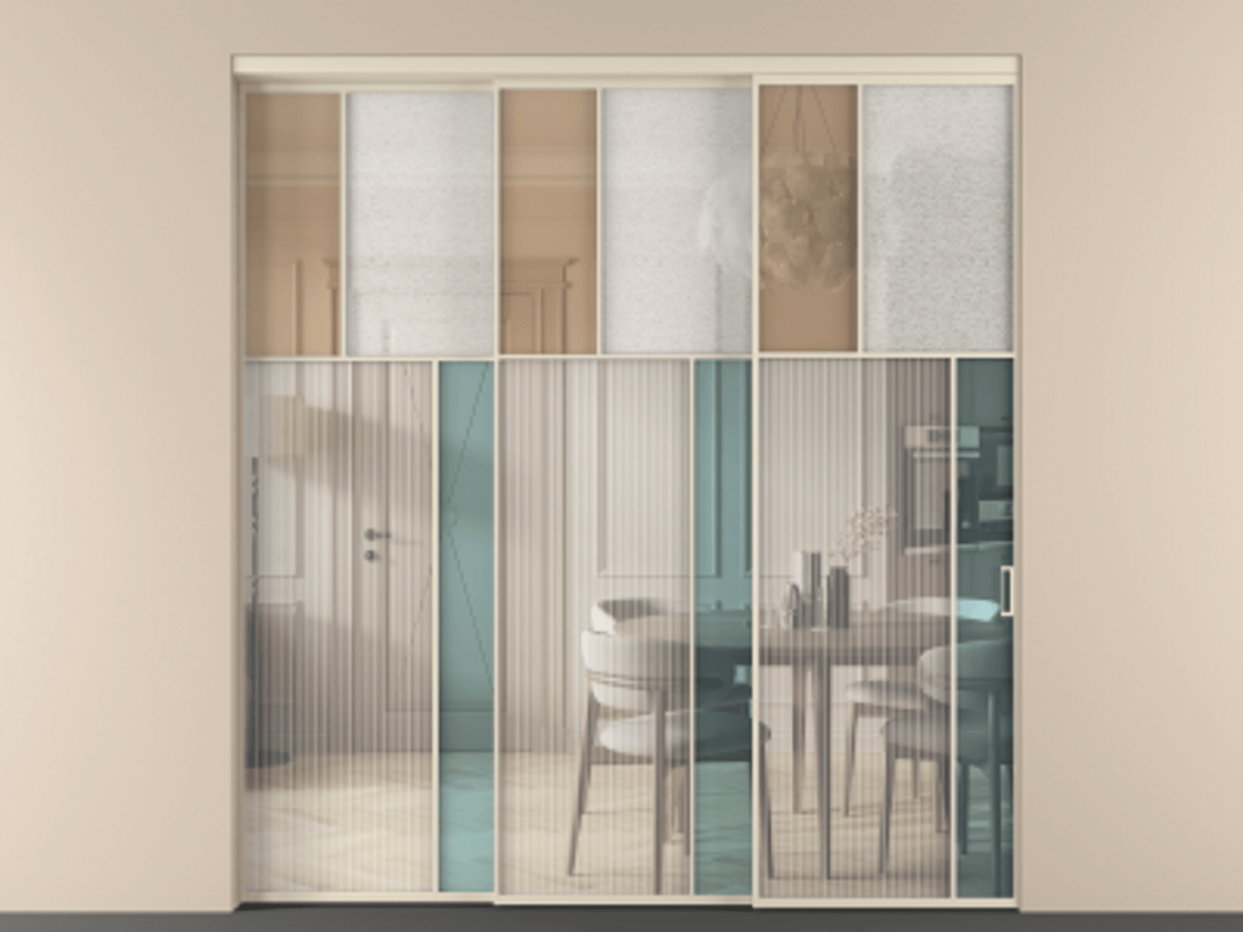 Перегородка Mosaic внутри проёма телескопик синхро 2 АЛПР 041.23 Алюминий бежево-серый Комбинация стекол Группы 1 и Группы 3 Цена 421910 ₽ | Volhovec