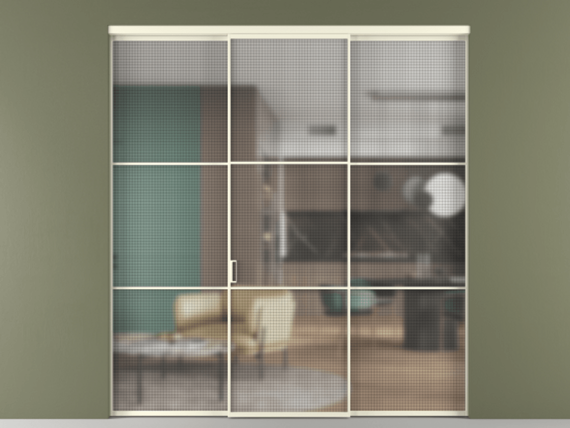 Перегородка Formato внутри проёма 3 створки АЛПР 040.03 Алюминий молочно-белый Декоративное стекло с сеткой "Mesh silver", триплекс Цена 317600 ₽ | Volhovec