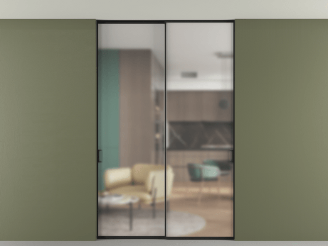 Перегородка Formato внутри проёма двустворчатая со скрытым креплением в потолок АЛПР 040.01 Алюминий Черный Сатинированное стекло "Matelux Crystal Vision", калёное, матовое, каленое 6 мм Цена 277800 ₽ | Volhovec