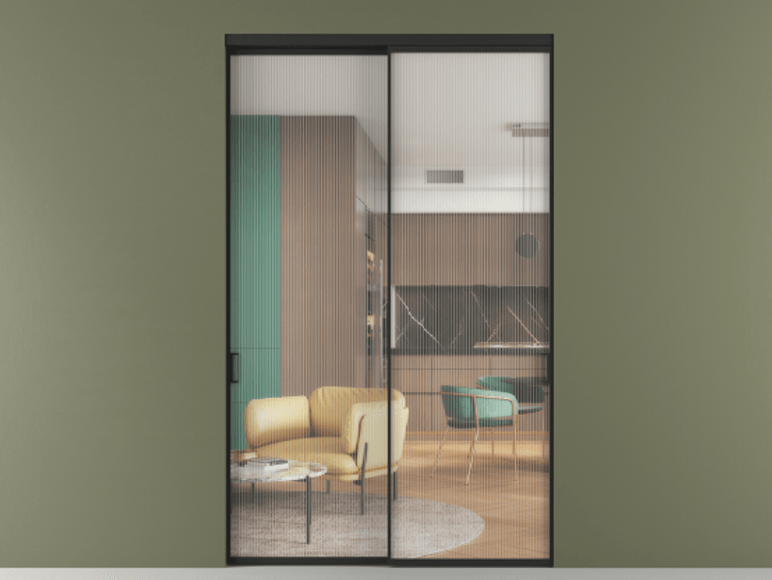 Перегородка Formato внутри проёма двустворчатая АЛПР 040.01 Алюминий Черный Рифлёное стекло "Moru", триплекс Цена 438200 ₽  | Volhovec