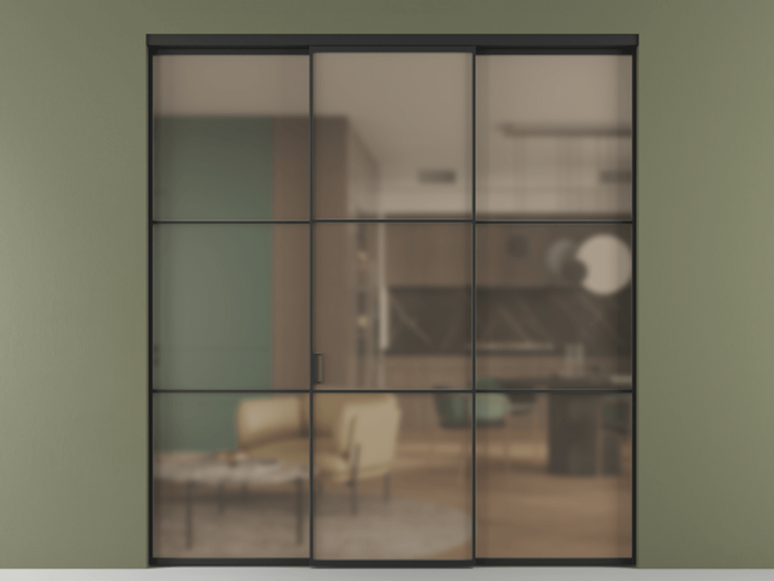 Перегородка Formato внутри проёма трёхстворчатая АЛПР 040.03 Алюминий Черный Сатинированное бронзовое стекло, триплекс Цена 1789180 AMD | Volhovec