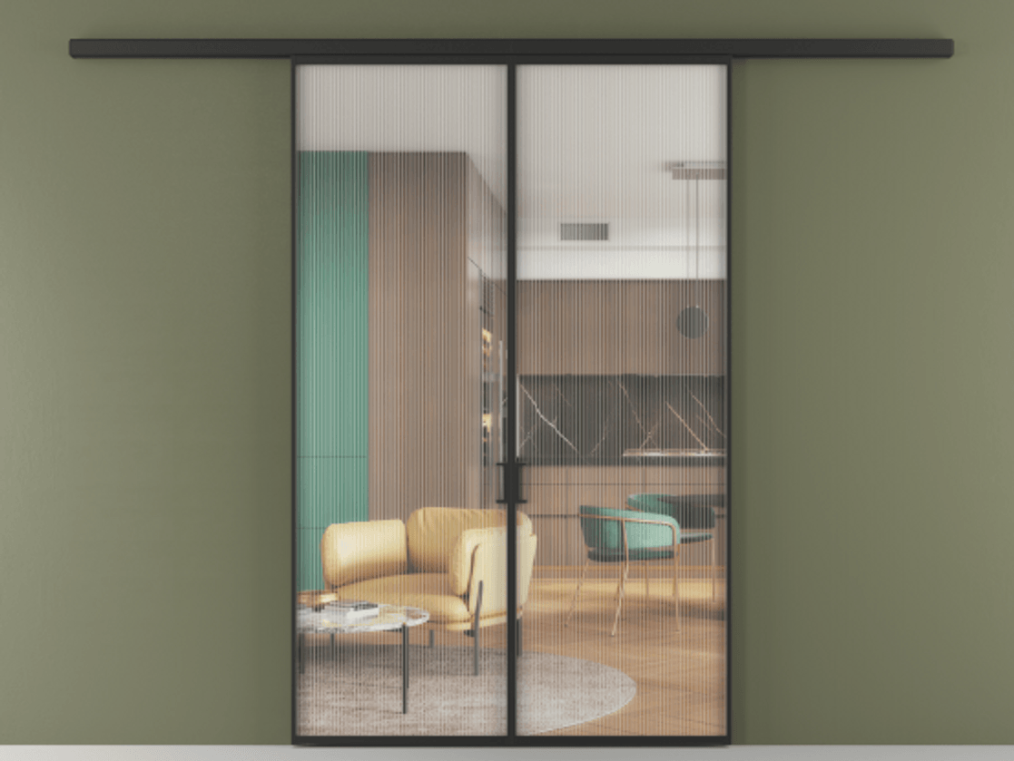 Перегородка Formato вдоль стены 2 створки АЛПР 040.01 Алюминий Черный Рифлёное стекло "Moru", триплекс Цена 229300 ₽ | Volhovec