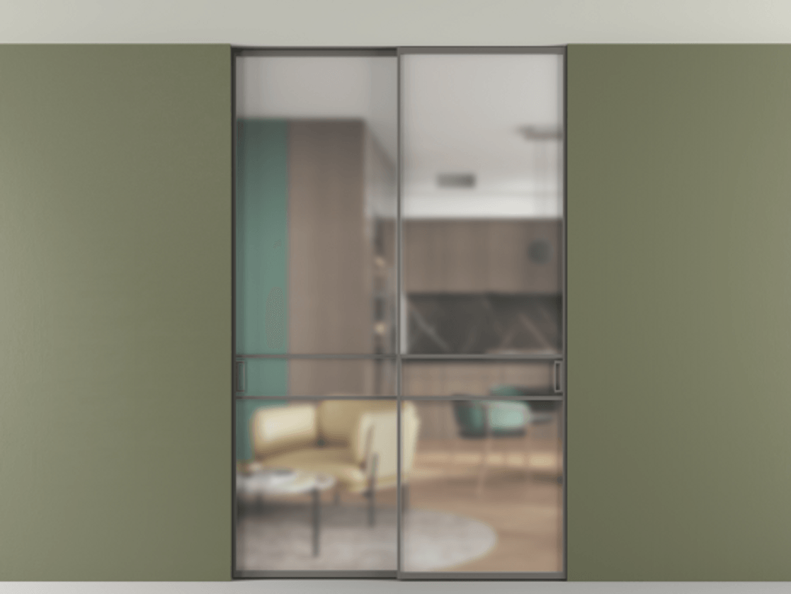 Перегородка Formato внутри проёма двустворчатая со скрытым креплением в потолок АЛПР 040.02 Алюминий классический серый Сатинированное стекло "Matelux Crystal Vision", калёное, матовое, каленое 6 мм Цена 296060 ₽ | Volhovec