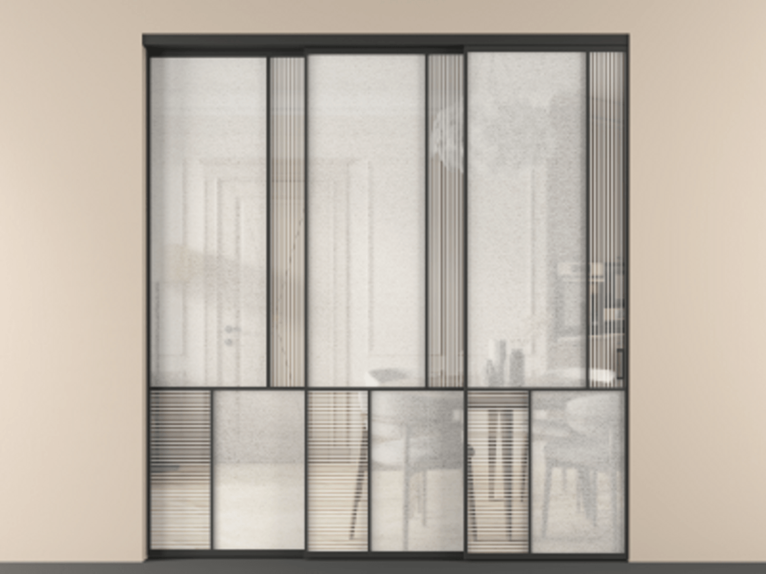 Перегородка Mosaic внутри проёма телескопик синхро 2 АЛПР 041.21 Алюминий Черный Рифлёное стекло "Дюна", триплекс, 6 мм + Фактурное стекло "Лёд", триплекс Цена 426340 ₽ | Volhovec