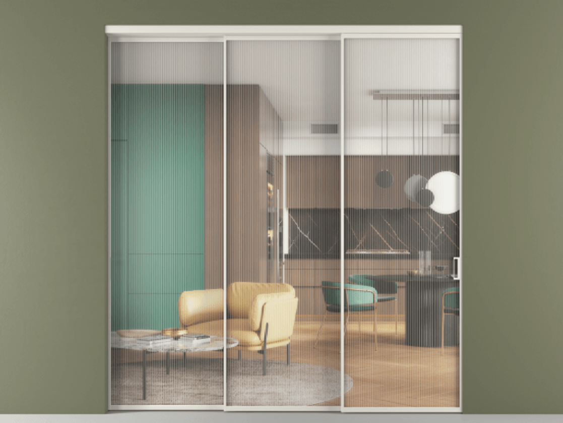 Перегородка Formato внутри проёма телескопик синхро 2 АЛПР 040.01 Алюминий Белый Рифлёное стекло "Moru", триплекс Цена 368500 ₽  | Volhovec