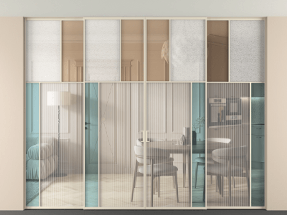 Перегородка Mosaic внутри проёма четырёхстворчатая со скрытым креплением в потолок АЛПР 041.23 Алюминий бежево-серый Комбинация стекол Группы 1 и Группы 3 Цена 570540 ₽ | Volhovec