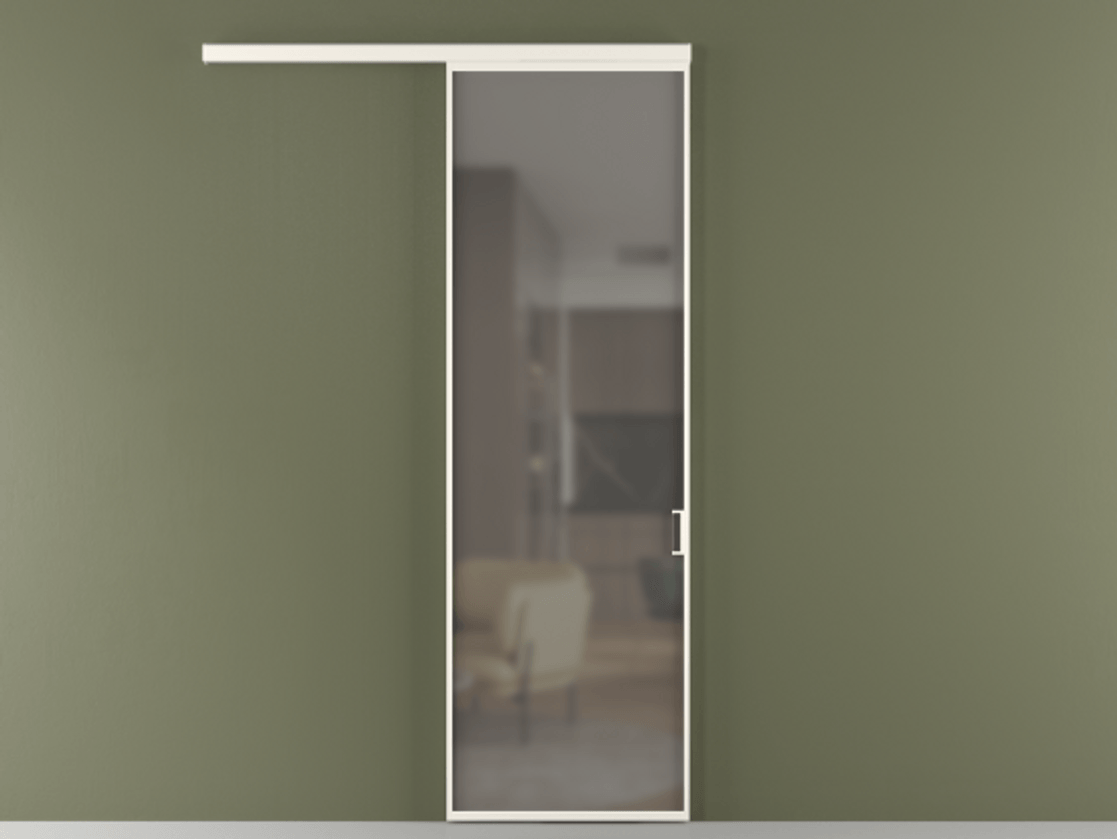 Межкомнатная дверь New Перегородка Formato вдоль стены одностворчатая АЛПР 040.01 Алюминий пудровый белый Сатинированное серое стекло, триплекс Цена 109000  | Volhovec