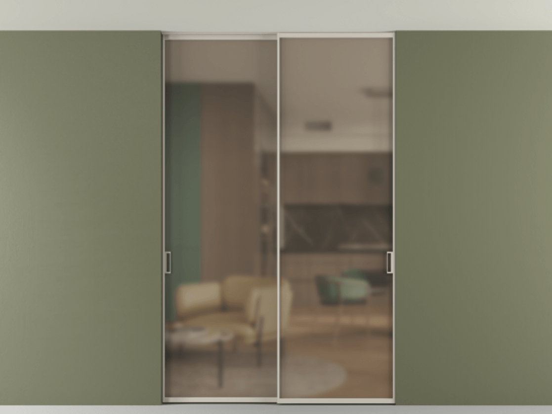 Перегородка Formato внутри проёма двустворчатая со скрытым креплением в потолок АЛПР 040.01 Алюминий светло-бежевый Сатинированное бронзовое стекло, триплекс Цена 268840 ₽ | Volhovec