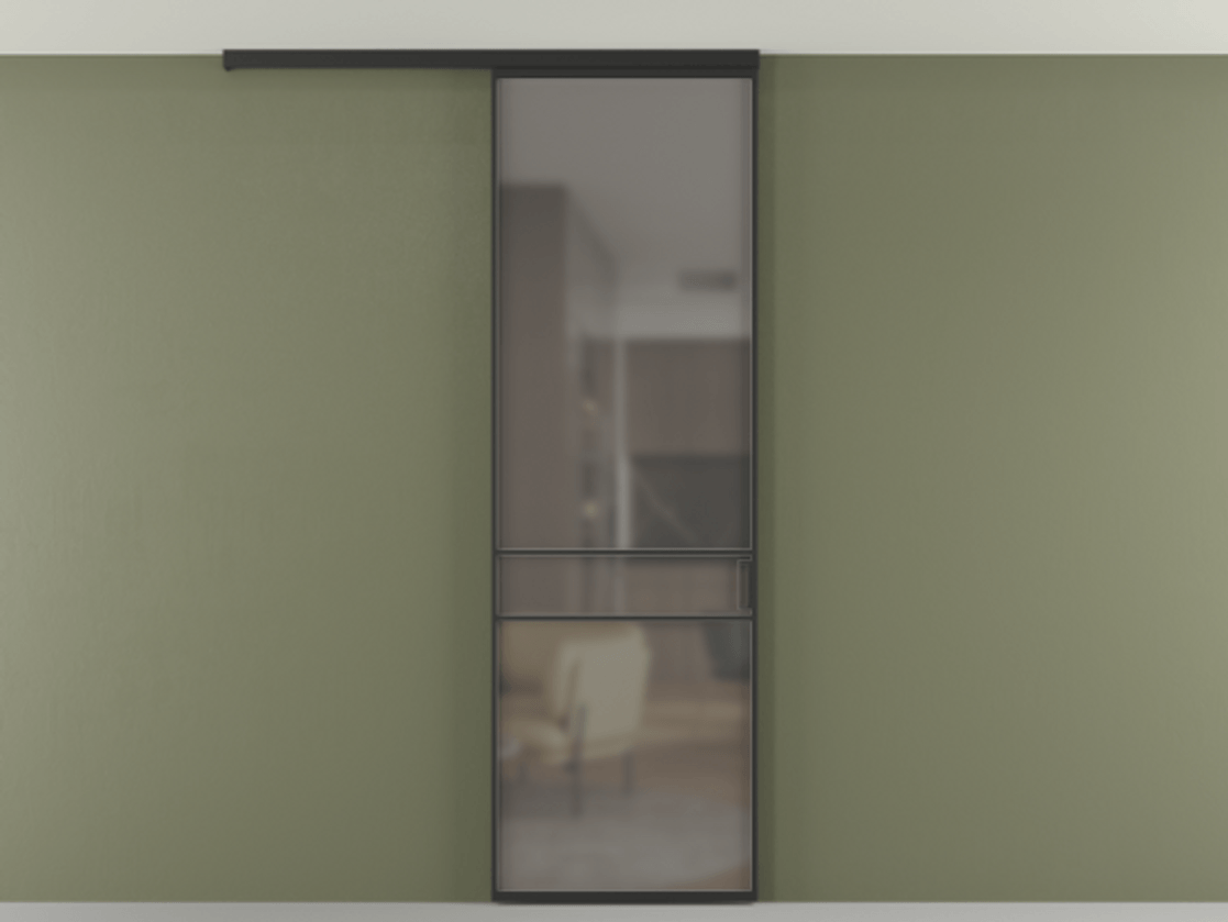 Перегородка Formato вдоль стены на потолок одностворчатая АЛПР 040.02 Алюминий Черный Сатинированное серое стекло, триплекс Цена 106340 ₽ | Volhovec