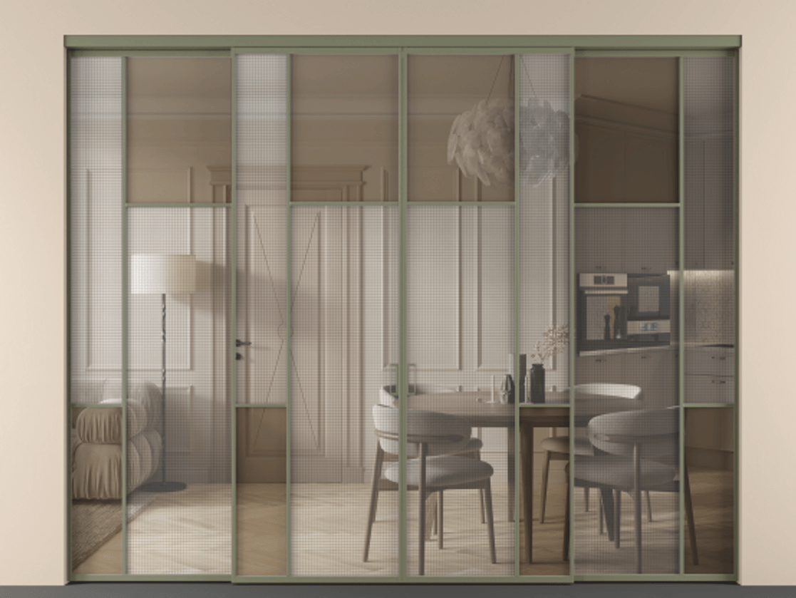 Перегородка Mosaic внутри проёма четырёхстворчатая АЛПР 041.10 Алюминий оливковый тёмный Декоративное стекло с сеткой "Mesh silver", триплекс, 6 мм + Прозрачное бронзовое стекло, триплекс Цена 464280 ₽ | Volhovec