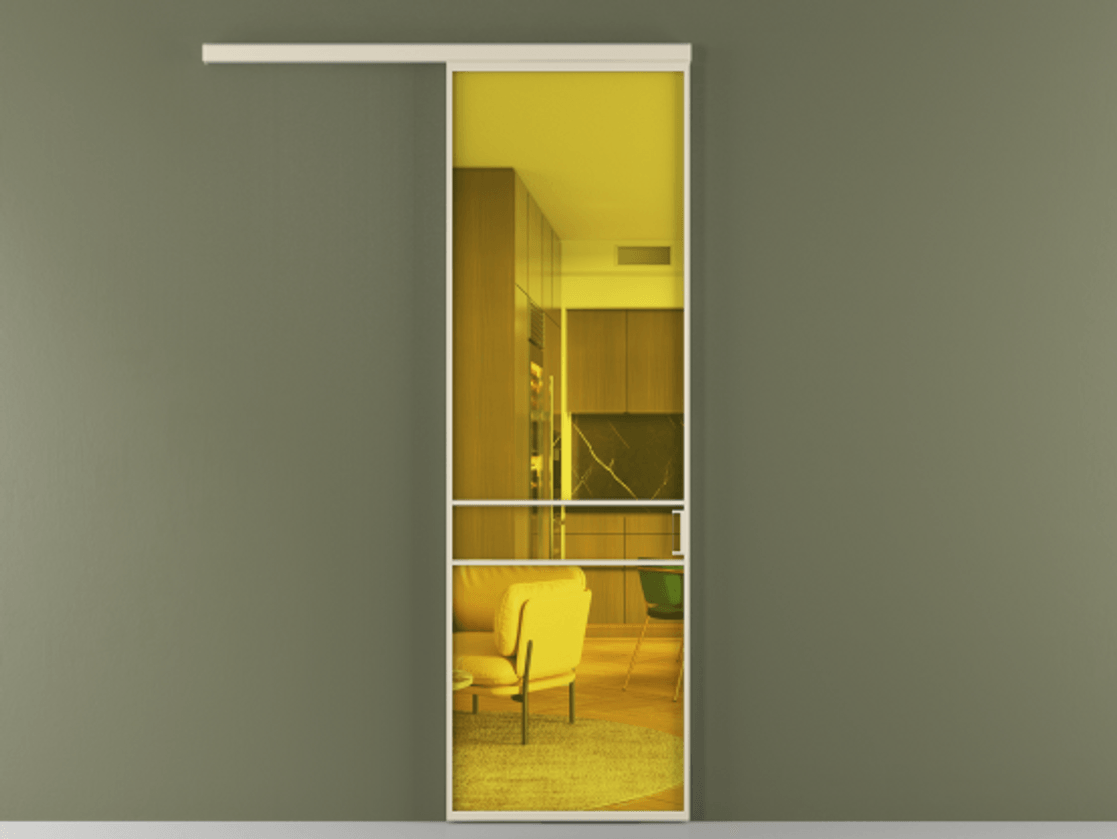 Межкомнатная дверь New Перегородка Formato вдоль стены одностворчатая АЛПР 040.02 Алюминий бежево-серый Прозрачное жёлтое стекло, триплекс Цена 114100  | Volhovec