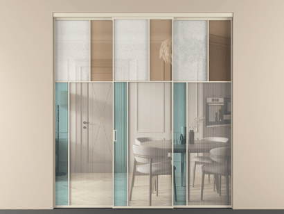 Алюминевая перегородка vn3_4 Алюминий бежево-серый Четыре стекла. Цвет Алюминий бежево-серый. Материал Алюминий в эмали. Коллекция Перегородка Mosaic внутри проёма трёхстворчатая. Картинка.