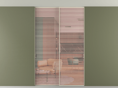 Алюминевая перегородка vn2_07 Алюминий бежево-серый Прозрачное розовое стекло, триплекс, 6мм. Цвет Алюминий бежево-серый. Материал Алюминий в эмали. Коллекция Перегородка Formato внутри проёма двустворчатая со скрытым креплением в потолок. Картинка.