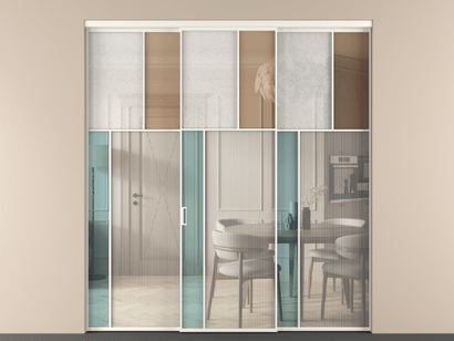 Алюминевая перегородка vn3_4 Алюминий пудровый белый Четыре стекла. Цвет Алюминий пудровый белый. Материал Алюминий в эмали. Коллекция Перегородка Mosaic внутри проёма трёхстворчатая. Картинка.