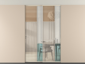 Алюминевая перегородка vntp2_7 Алюминий бежево-серый Четыре стекла. Цвет Алюминий бежево-серый. Материал Алюминий в эмали. Коллекция Перегородка Mosaic внутри проёма двустворчатая со скрытым креплением в потолок. Картинка.