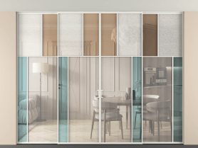 Алюминевая перегородка vntp4_4 Алюминий светло-серый Четыре стекла. Цвет Алюминий светло-серый. Материал Алюминий в эмали. Коллекция Перегородка Mosaic внутри проёма четырёхстворчатая со скрытым креплением в потолок. Картинка.