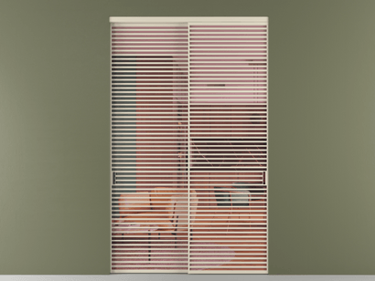 Алюминевая перегородка vn2_07_ Алюминий бежево-серый Прозрачное розовое стекло, триплекс, 6мм. Цвет Алюминий бежево-серый. Материал Алюминий в эмали. Коллекция Перегородка Formato внутри проёма двустворчатая. Картинка.