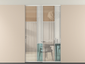 Алюминевая перегородка vntp2_7 Алюминий светло-серый Четыре стекла. Цвет Алюминий светло-серый. Материал Алюминий в эмали. Коллекция Перегородка Mosaic внутри проёма двустворчатая со скрытым креплением в потолок. Картинка.