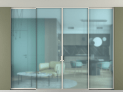 Алюминевая перегородка vn2+2_01 Алюминий тёплый серый Сатинированное голубое стекло, триплекс, 6мм. Цвет Алюминий тёплый серый. Материал Алюминий в эмали. Коллекция Перегородка Formato внутри проёма четырёхстворчатая со скрытым креплением в потолок. Картинка.