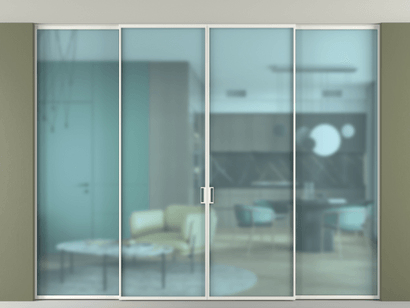 Алюминевая перегородка vn2+2_01 Алюминий светло-серый Сатинированное голубое стекло, триплекс, 6мм. Цвет Алюминий светло-серый. Материал Алюминий в эмали. Коллекция Перегородка Formato внутри проёма четырёхстворчатая со скрытым креплением в потолок. Картинка.