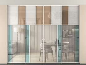 Алюминевая перегородка vntp4_4 Алюминий пудровый белый Четыре стекла. Цвет Алюминий пудровый белый. Материал Алюминий в эмали. Коллекция Перегородка Mosaic внутри проёма четырёхстворчатая со скрытым креплением в потолок. Картинка.