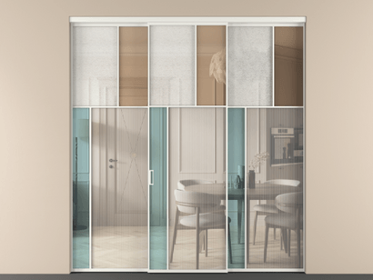 Алюминевая перегородка vn3_4 Алюминий светло-серый Четыре стекла. Цвет Алюминий светло-серый. Материал Алюминий в эмали. Коллекция Перегородка Mosaic внутри проёма трёхстворчатая. Картинка.