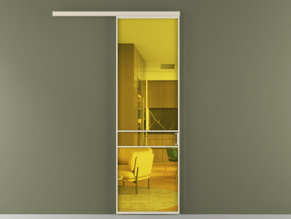 Алюминевая перегородка vd1_02_ Алюминий бежево-серый Прозрачное жёлтое стекло, триплекс, 6мм. Цвет Алюминий бежево-серый. Материал Алюминий в эмали. Коллекция Перегородка Formato вдоль стены одностворчатая. Картинка.