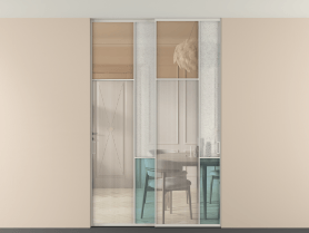 Алюминевая перегородка vntp2_7 Алюминий тёплый серый Четыре стекла. Цвет Алюминий тёплый серый. Материал Алюминий в эмали. Коллекция Перегородка Mosaic внутри проёма двустворчатая со скрытым креплением в потолок. Картинка.