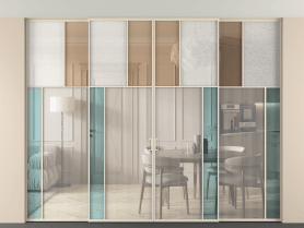 Алюминевая перегородка vntp4_4 Алюминий бежево-серый Четыре стекла. Цвет Алюминий бежево-серый. Материал Алюминий в эмали. Коллекция Перегородка Mosaic внутри проёма четырёхстворчатая со скрытым креплением в потолок. Картинка.