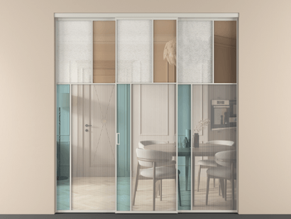 Алюминевая перегородка vn3_4 Алюминий тёплый серый Четыре стекла. Цвет Алюминий тёплый серый. Материал Алюминий в эмали. Коллекция Перегородка Mosaic внутри проёма трёхстворчатая. Картинка.