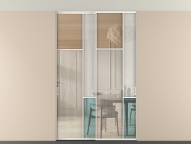 Алюминевая перегородка vntp2_7 Алюминий пудровый белый Четыре стекла. Цвет Алюминий пудровый белый. Материал Алюминий в эмали. Коллекция Перегородка Mosaic внутри проёма двустворчатая со скрытым креплением в потолок. Картинка.