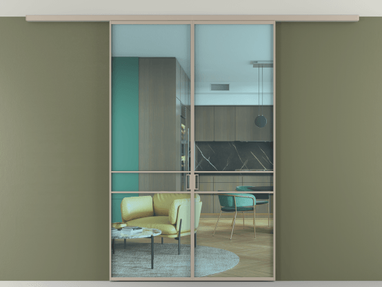 Алюминевая перегородка АЛПР 040.02_АБСК_ПРОЗ ГОЛ_new. Цвет Алюминий бисквитный. Материал Алюминий в эмали. Коллекция Перегородка Формато вдоль стены на потолок 2 створки. Картинка.