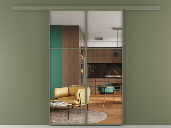 Алюминевая перегородка АЛПР 040.03_АОТ_Crystalvision_new. Цвет Алюминий оливковый тёмный. Материал Алюминий в эмали. Коллекция Перегородка Formato вдоль стены 2 створки. Картинка.