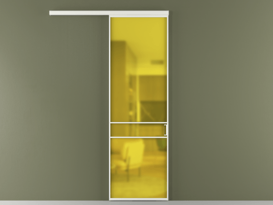 Алюминевая перегородка vd1_02_ Алюминий светло-серый Сатинированное жёлтое стекло, триплекс, 6мм. Цвет Алюминий светло-серый. Материал Алюминий в эмали. Коллекция Перегородка Формато вдоль стены 1 створка. Картинка.