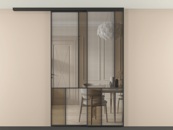 Алюминевая перегородка vdt2_1 ЧЕР. Цвет Алюминий Черный. Материал Алюминий. Коллекция Перегородка Mosaic вдоль стены на потолок 2 створки с синхронным механизмом. Картинка.